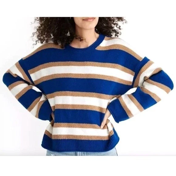 Suéter Suéter Madewell Algodón Lana Merino Talla Pequeña Azul Rayas Cuello Redondo Foto 1 de 4