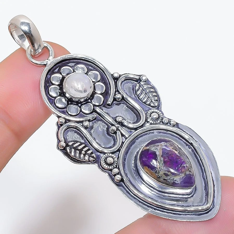 Oyster Turquoise &Moonston Gemstone 925 Sterling Silver Pendant Size 2.6'' - Image 1 of 1