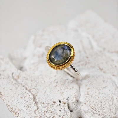 Labradorit Ring aus 925 Silber 18k vergoldet, Sterling Silber Ring Bicolor verg - Bild 1 von 4