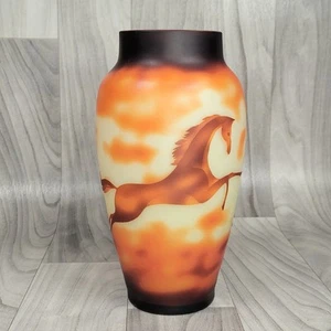 Cameo Acid Etched Vase Horse Motif Art Nouveau Style Art Glass Amber Color 10" - Picture 1 of 17