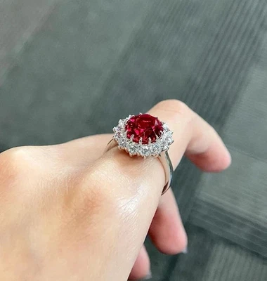 4.00Ct Oval Cut Lab Created Red Ruby Women's Wedding Ring 14K White Gold Plated - Image 1 of 4