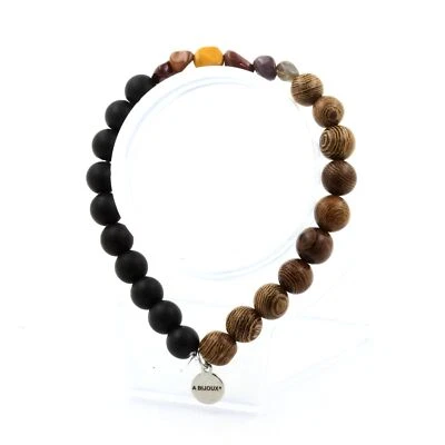 Mookaite Bracelet From Australia + Matte Black Onyx Beads + Wood - Image 1 of 4