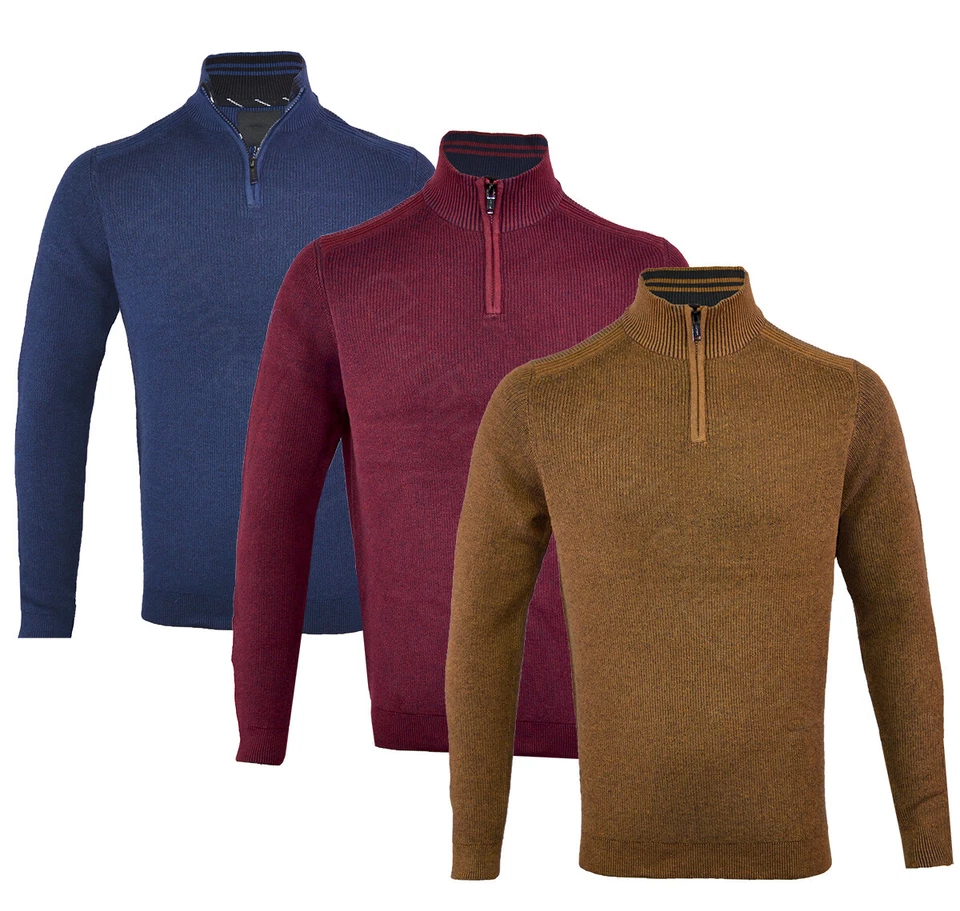 Mens Quality Cotton Funnel Neck Jumper Knitted Winter 1/4 Zip Top M-XXL  - Image 1 of 1