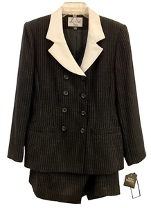Le Suit 2 pc Skirt Suit 10 Petite Navy White Pin Stripe Double Breasted Jacket - Picture 1 of 8