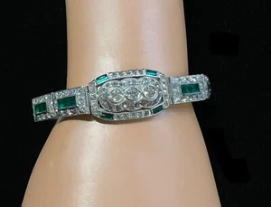 Vintage Fine Art Deco Silver Tone Bracelet Pave’ Green & Clear Rhinestones —-646 - Picture 1 of 12