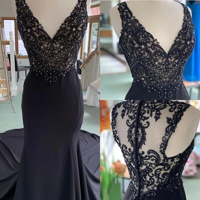 Black Mermaid Gothic Wedding Dresses Beaded V Neck Sexy Sweep Train Bridal Gowns - Image 1 of 4