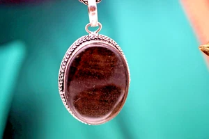 Vintage Sterling 925 Silver Pendant Necklace Brown Stone Heavy 36.23g - Picture 1 of 9