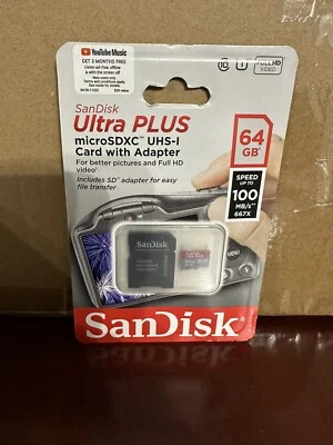 SanDisk Ultra Plus 64GB microSDXC UHS-I Memory Card with Adapter FACTORY SEALED - Image 1 of 2