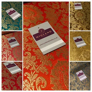 £15 Gold Indian Floral Metallic Print Banarsi faux Silk Brocade Fabric 40" M370 - Picture 1 of 70