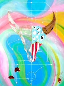 THE LADY BUG & THE AMERICAN BUFFALO Painting ORIGINAL Canvas UNIQUE 2017 COA - Picture 1 of 8