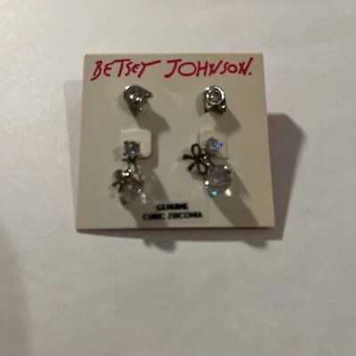 VTG  2 pair  $35 Betsey Johnson CZ Cat & Drop Earring #153a - Image 1 of 4
