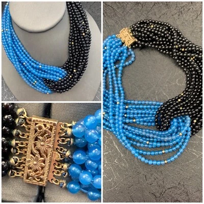 Vintage estate fancy sterling clasp 32 Strand Necklace 16” blue black toursade - Image 1 of 4