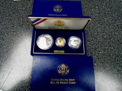 US Mint Bill of Rights 3 Coin Set, 1993, $5 Gold Cover