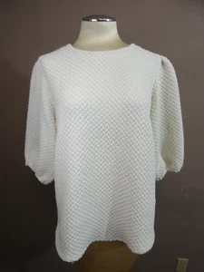 Voy Women's L Ivory Textured Sweatshirt Top Half Puff Sleeve Acrylic Pullover - Picture 1 of 11
