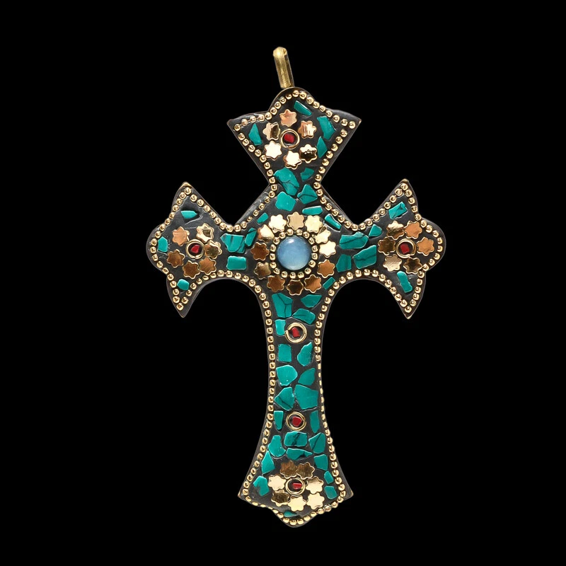 TÜRKIS, ONYX & ROTE KORALLE EDELSTEIN TIBATAN HANDGEFERTIGT BOHO KREUZ ANHÄNG... - Bild 1 von 1