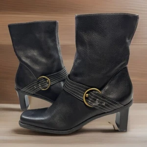 Etienne Aigner Jumper Heeled Boots Size 9.5 M Buckle Mid Calf Square Toe Pebbled - Picture 1 of 9