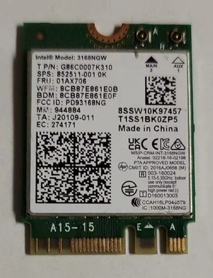 Intel Dual Band Wireless-AC 3168 WiFi + Bluetooth 4.2 Card 01AX706 3168NGW - Image 1 of 4