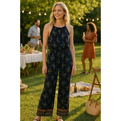 Mono Halter Boho Festival Verano Vacaciones Playa Y2K Azul Marino Floral Pierna Ancha S Foto 1 de 4