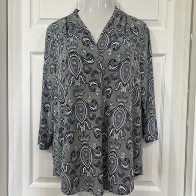 Charter Club Elastizado Carrera Bufanda Cuello en V Túnica Top Blusa Verde Estampado Paisley XL Foto 1 de 4