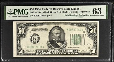 1934 $50 Federal Reserve FRN Dallas Fr. 2102-Kdgs PMG 63 - Image 1 of 2