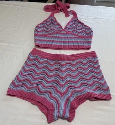 Conjunto de Top Halter y Corto Crochet Ondulado Rosa Azul Rayas Talla S (4-6) Boho Hippie Foto 1 de 4