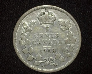 CANADA 1908 SILVER 5 CENTS KM13 FINE ~D43 - Picture 1 of 2