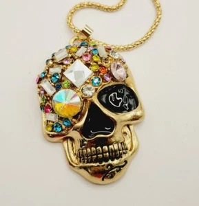 SKULL Pendant Necklace Multicolored Crystal Enamel GOLD Tone Halloween Jewelry - Picture 1 of 6