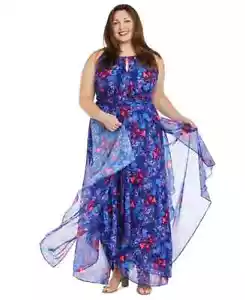R & M Richards Damen Übergröße Blumendruck Rüschen Maxikleid royalblau 18W - Bild 1 von 11