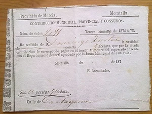 DOCUMENTO CONTRIBUCION MUNICIPAL MURCIA.CARAVACA,MORATALLA,1896-1897. - Imagen 1 de 1