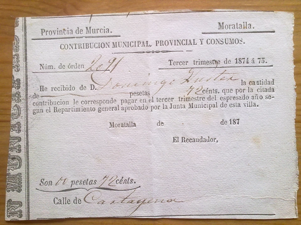 DOCUMENTO CONTRIBUCION MUNICIPAL MURCIA.CARAVACA,MORATALLA,1896-1897. - Imagen 1 de 1