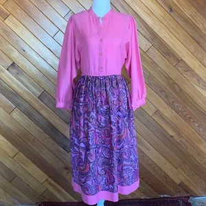 80s Pink Paisley Midi Shirt Dress - Size L - Picture 1 of 3