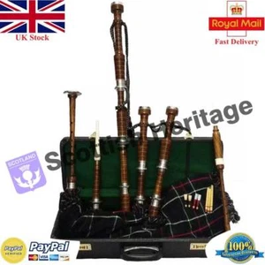 Scottish Bagpipes Natural Brown Silver Tutor Book Hard Carrying Case Chanter - Picture 1 of 3