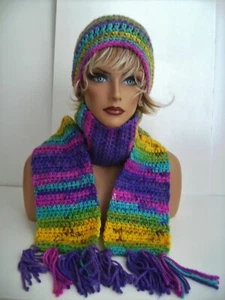 NEON BRIGHT MULTI HAND CROCHET HAT AND SCARF SET BEANIE BERET CLOCHE CAP TAM - Picture 1 of 6