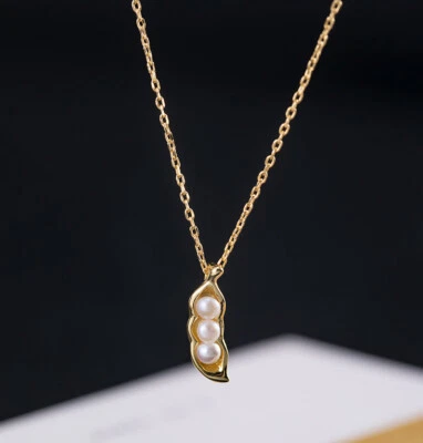 I04 Rimorchio Erbsenschote Con Bianchi Perle Argento 925 Placcato Oro Catena - Immagine 1 di 4