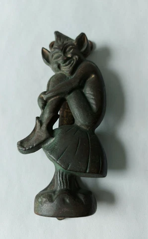 Antique Art Nouveau Solid Cast Brass Door Knocker of Elf Sitting on a Toadstool Cover