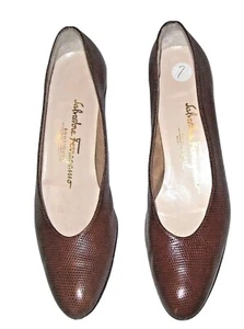 Salvatore Ferragamo Sz 7 Shoes Brown Leather Heels Italian Animal Lizard Pumps - Picture 1 of 5