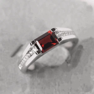 Red Garnet Women Ring Emerald Cut Gemstone Pave Band 925 Sterling Silver Ring - Picture 1 of 7
