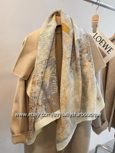 70% Cashmere & 30% Silk Wrap Scarf Stole Garden Print Square Shawl 53" Beige - Picture 1 of 11