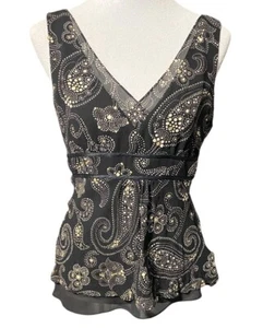 ANN TAYLOR Black and Gold V-Neck Sleeveless Lined Side-Zipper Blouse Sz 6 - Picture 1 of 7