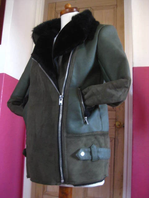 M&S FLYING JACKET COAT AVIATOR COLLECTION green faux suede  12 fur collar teddy - Image 1 of 4