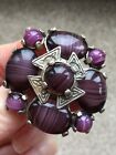 Vintage Miracle Brooch Scottish Celtic Cross, Purple Agate Amethyst styled Glass