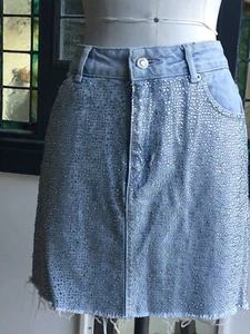 y2k MOTO TOP SHOP SIZE 10 VINTAGE DENIM MINI SKIRT DIAMANTE DETAIL FRONT - Picture 1 of 22