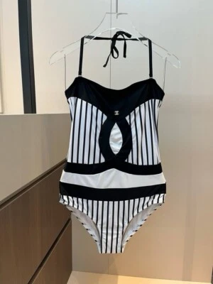 Chanel Traje de Baño Una Pieza Negro Blanco Rayas Monokini Talla M Foto 1 de 4