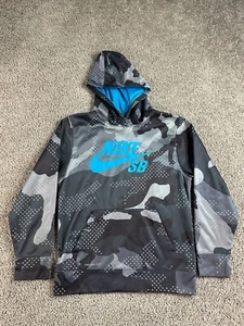 Nike SB Therma Fit Hoodie Boys Large Gray Blue Swoosh Camouflage Skateboarding - Picture 1 of 11