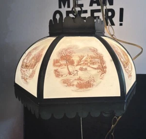 Rare Currier & Ives Hanging Electric Lamp The Homestead In Winter 1900s - Bild 1 von 8