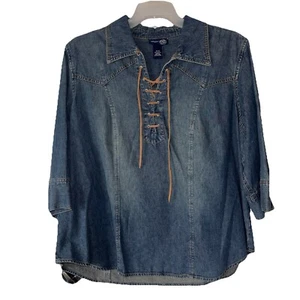 Denim Blue Jean Shirt Womens XL 18 20 Western Rodeo Leather Lace Ties Cowgirl - Picture 1 of 5
