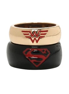 New Dc Comics Black & Gold Superman Wonder Woman Superhero His Hers Ring 2pc Set - Picture 1 of 5