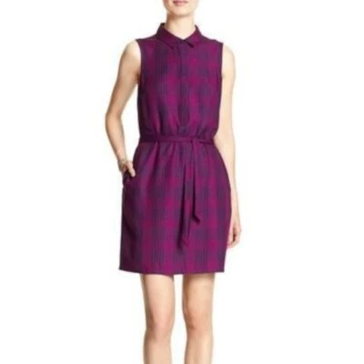 BANANA Republic 紫色和蓝色格子复古 LOOK 领带腰连衣裙 尺寸:14 全新带标签 — 第 1/2 张图片