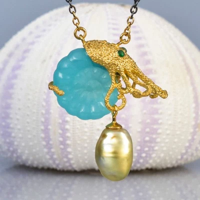 Gold Vermeil Sterling Silver Nautilus Chalcedony South Sea Pearl Necklace 15.12g - Image 1 of 4