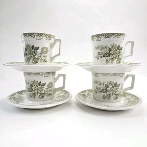 4 Kensington Staffordshire Ironstone Balmoral 1801 Cups/Saucers Green Floral  - Picture 1 of 14